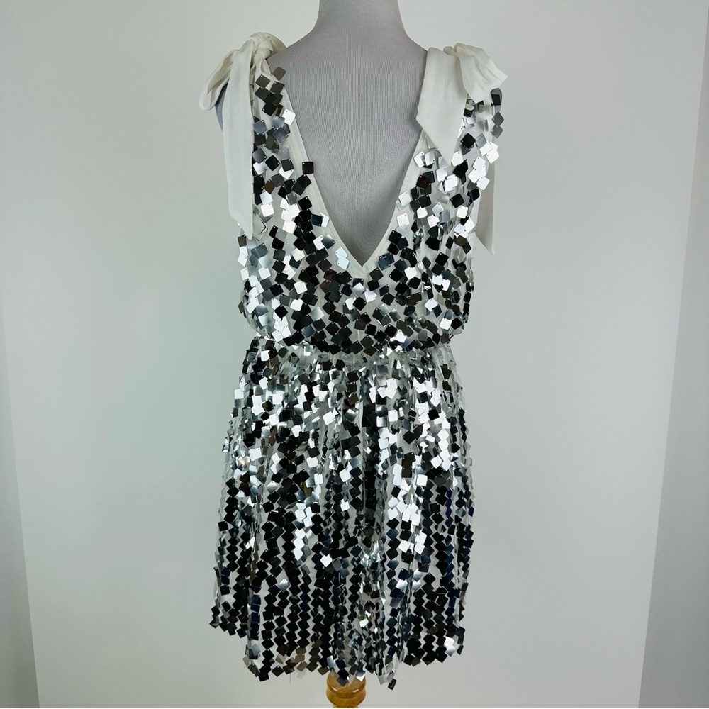 Buddy Love Silver Sequin A-Line Mini Dress with White Tie Straps - Picture 12 of 15